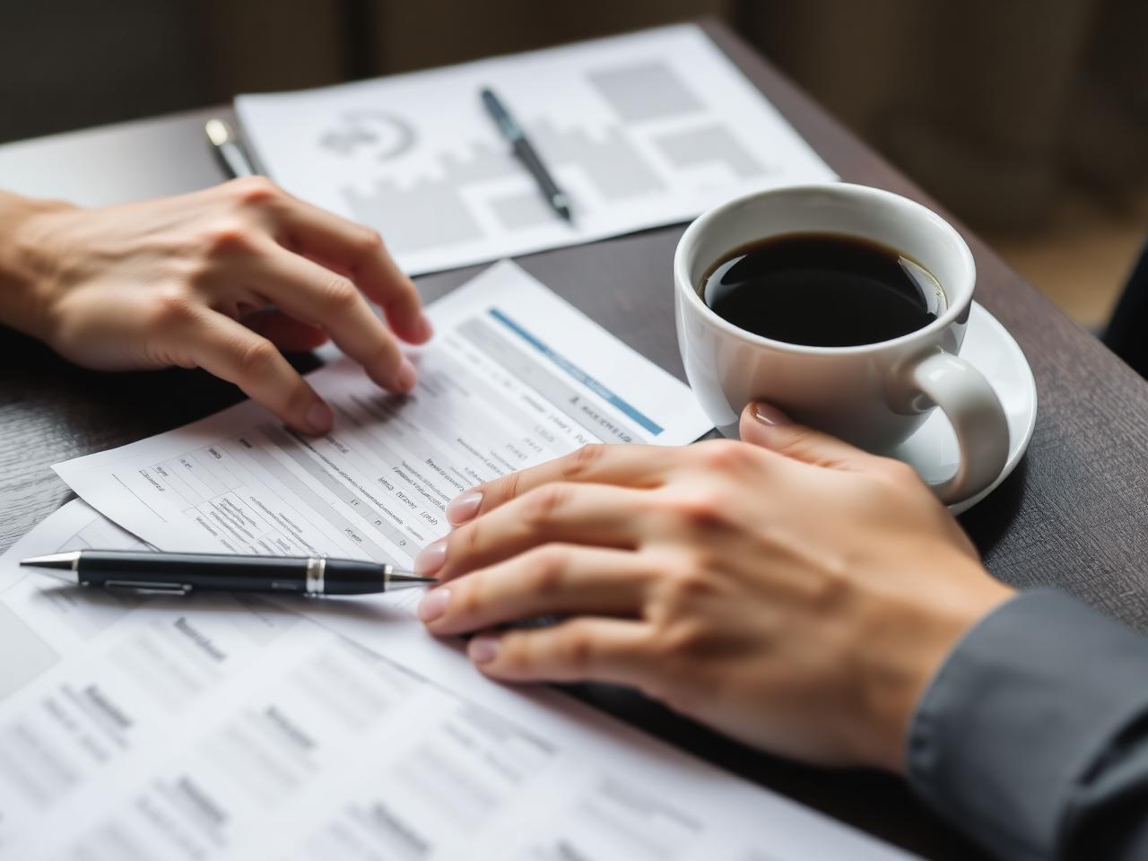 Reviewing printed service charge accounts at a desk